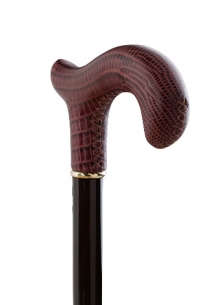 wooden walking stick with bordeaux red leather handle