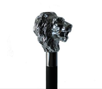 black wooden walking stick with silverplated lions head